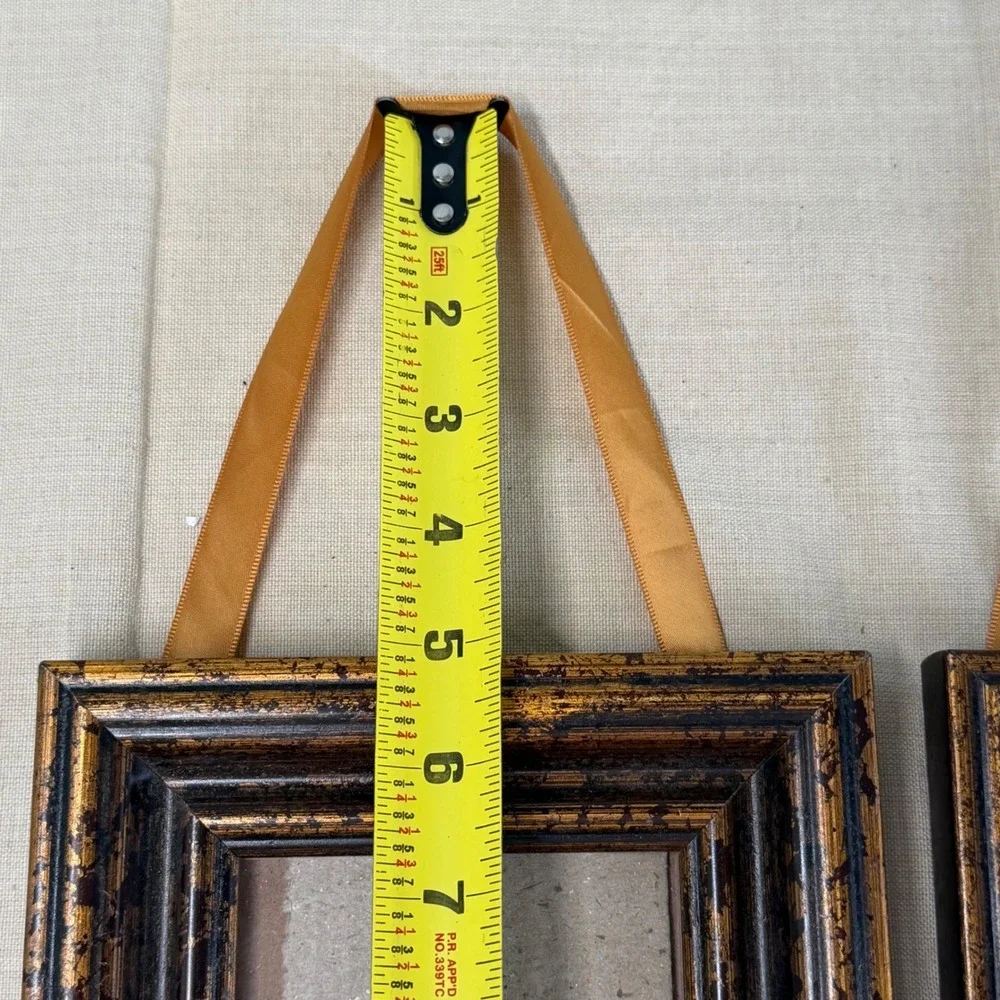 Set of 2 Distressed Gold Bronze Square Picture Frames with Ribbon Hangers 7x7